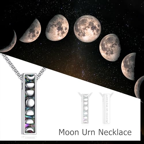 Cremation Urn Necklaces for Ashes Sterling Silver 3D Vertical Bar Memorial Pendant for Loved Ones Keepsake Cremation Jewelry Gifts for Women Men - style: Moon Phase