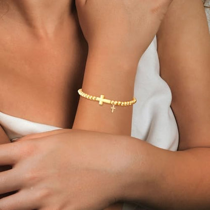 Cross Bracelet for Her,14K Gold Bracelets for Women,Beaded Bracelets as Christian Confirmation Religious Baptism Gifts for Women Teen Gold Jewelry - color: Pray-02