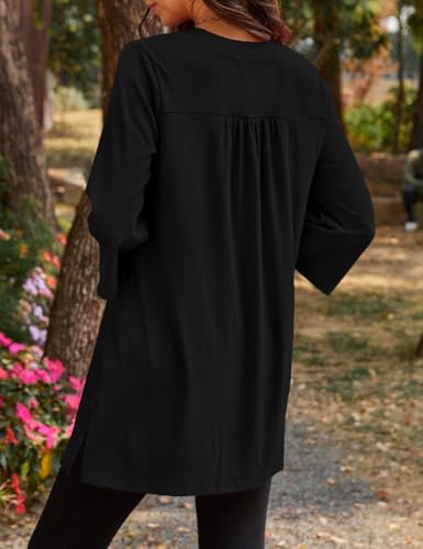 Poetsky Womens Tunic Tops 3/4 Bell Sleeve Loose Fit Tunics Dressy Casual Side Split Flare Top for Leggings S-3XL - color: Black, size: Small