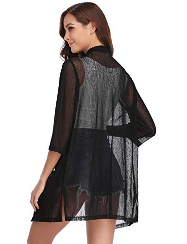 iClosam Women Casual 3/4 Sleeve Sheer Open Front Cardigan Sweater Kimono - color: Black, size: Small