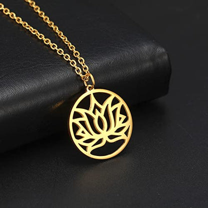TEAMER Lotus Necklace Stainless Steel Flower of Life Necklace Yoga Meditation Pendant Inspirational Jewelry For Women - color: Style 4 - Gold