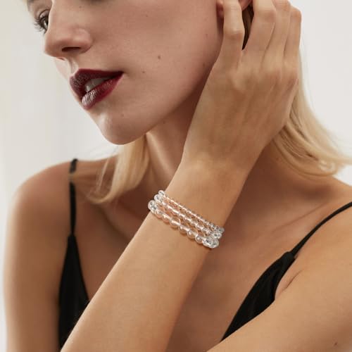 Crystal Beaded Bracelets for Women 4mm Clear Quartz Bead Handmade Gemstone Stretch Elastic Bracelet Natural Stone Crystal Healing Reiki Spiritual Jewelry Gifts - color: Clear Quartz, size: 8mm