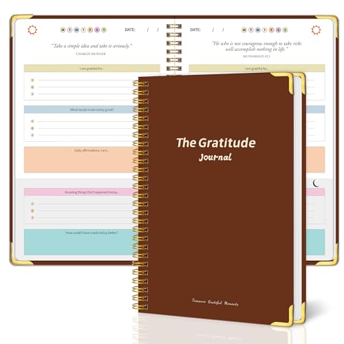Gratitude Journal Cardboard Cover,Vivid Colorful Layout Design for Women,Men,Teens, 5 Miunte Daily Gratitude Journal with Prompts for More Happiness, Mindfulness & Reflection,Spiral Bindding (Brown) - color: Light Brown