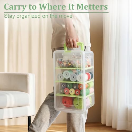 BTSKY Clear Plastic Dividing Storage Box with 4 Deep Compartments Adjustable Storage Bin with Lid Portable Craft Container Multipurpose Sewing Box Art Supply Organizer, 13.9x7.9x6.2 Inches, Green - size: 13.9x7.9x6.2 Inches-Green