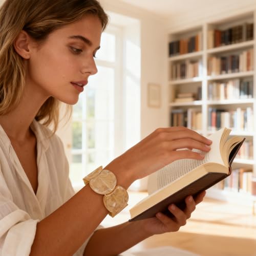 Colorful Acrylic Resin Bracelet for Women, Statement Chunky Wide Geometric Stretch Plastic Wristbands Bangle Bracelets Prom Holiday Fashion Jewelry Gift - color: Beige