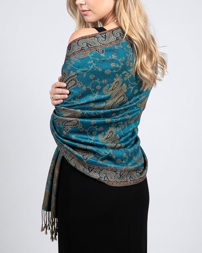 Achillea Reversible Paisley Pashmina Rave Scarf – Exotic Indian Shawls and Wraps for Evening Dresses, Festivals, All Seasons - color: Teal