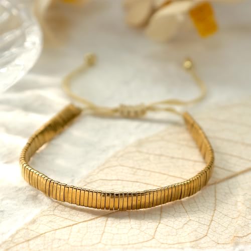 Tila Beaded Stretch Strand Bracelets for Women, Cute Boho Stackable Handmade Colorful Mixed Flat Square Beads Elastic Beach Surfer Bracelet Trendy Jewelry Friend Gift - color: Solid Gold