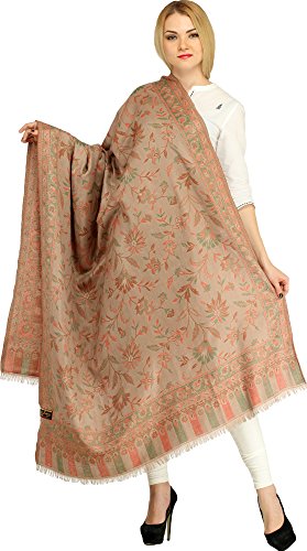 Exotic India Women Reversible Jamawar Wool Shawl with Woven Flowers | Ethnic Beautiful Floral Weave Stole, Dupatta - color: Rugby Tan
