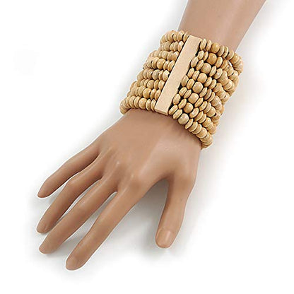 Avalaya Wide Wooden Bead Flex Bracelet In Natural - 19cm L - Adjustable