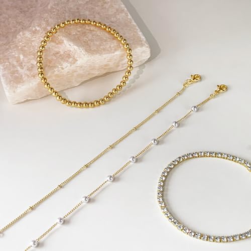 Zeffy Gold Pearl Beaded Bracelet for Women, 14K Gold Plated Jewelry Set With Paperclip Link Chain, Trendy Stack Bracelets - style: 4PCS Gold Tennis Pearl Beaded Stackable Bracelets
