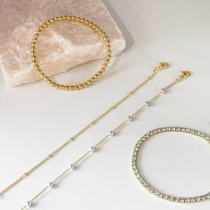 Zeffy Gold Pearl Beaded Bracelet for Women, 14K Gold Plated Jewelry Set With Paperclip Link Chain, Trendy Stack Bracelets - style: 4PCS Gold Tennis Pearl Beaded Stackable Bracelets