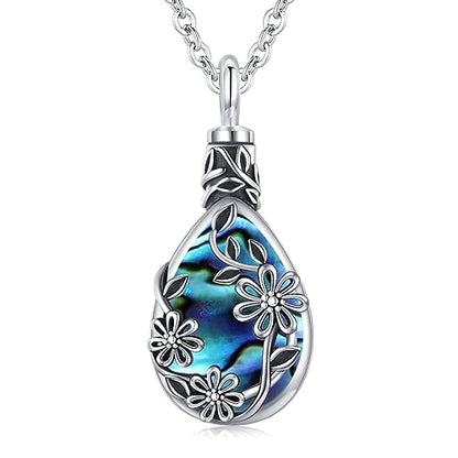 JUSTKIDSTOY Moonstone Urn Necklace for Ashes Sterling Silver Daisy/Rose/Tree Teardrop Pendant Necklace Cremation Jewelry Keepsake Memorial Gifts for Mother Grandma w/Funnel Filler - style: Daisy(Abalone Shell)