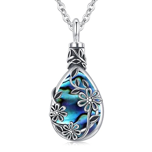 JUSTKIDSTOY Moonstone Urn Necklace for Ashes Sterling Silver Daisy/Rose/Tree Teardrop Pendant Necklace Cremation Jewelry Keepsake Memorial Gifts for Mother Grandma w/Funnel Filler - style: Daisy(Abalone Shell)