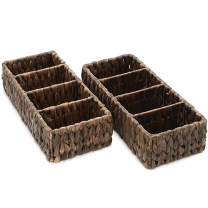 Casafield Set of 2 Water Hyacinth Basket Organizers with 4 Sections, Espresso - Woven Storage Bins for Bathroom, Laundry, Pantry, Office, Shelves