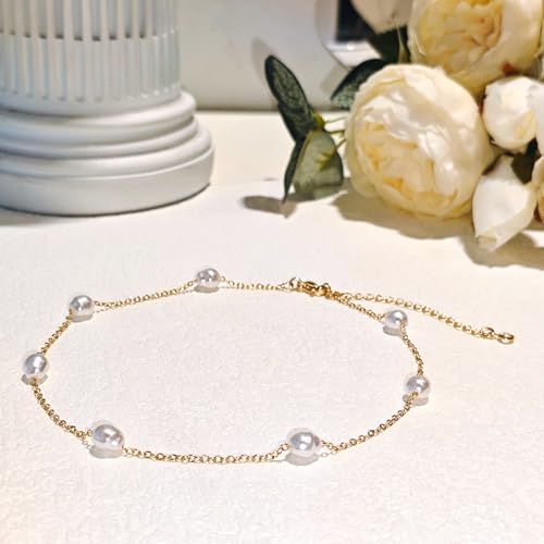 Zeffy Gold Pearl Beaded Bracelet for Women, 14K Gold Plated Jewelry Set With Paperclip Link Chain, Trendy Stack Bracelets - style: Double-Layered Pearl Bracelet