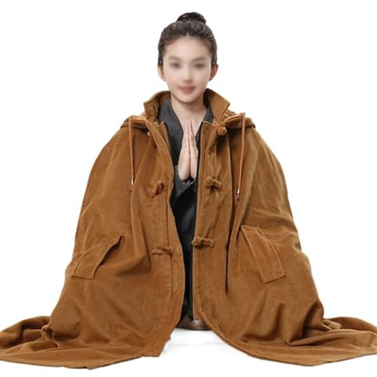 Women Men Meditation Hooded Cloak Double Layer Plush Thickened Coat Comfortable Warm Prayer Robe - color: Brown, size: XX-Large