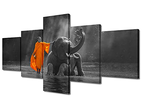 Black and White Wall Art Elephant Picture Prints on Canvas 5 Pieces Wall Paintings Thai Buddhist Monks Wall Decoration for Living Room Bedroom Bathroom Office Framed Ready to Hang (50''Wx 24''H) - color: Artwork-09, size: 50''Wx24''H