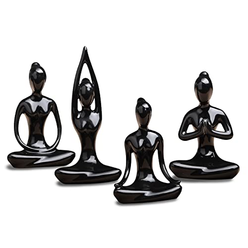 OwMell Lot of 4 Meditation Yoga Pose Statue Figurine Ceramic Yoga Figure Set Decor - Black - color: Black
