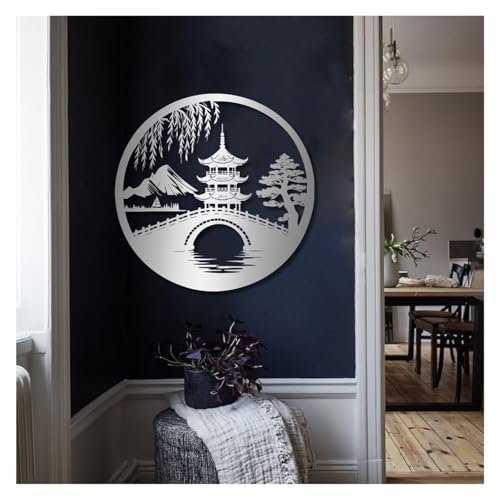 Japanese Style Metal Wall Art, Round Pagoda & Bridge Landscape Wall Decor, Metal Wall Sculpture For Living Room Bedroom Zen Home Decorations(Silver,19x18 in/47x47 cm) - color: Silver, size: 19x18 in/47x47 cm