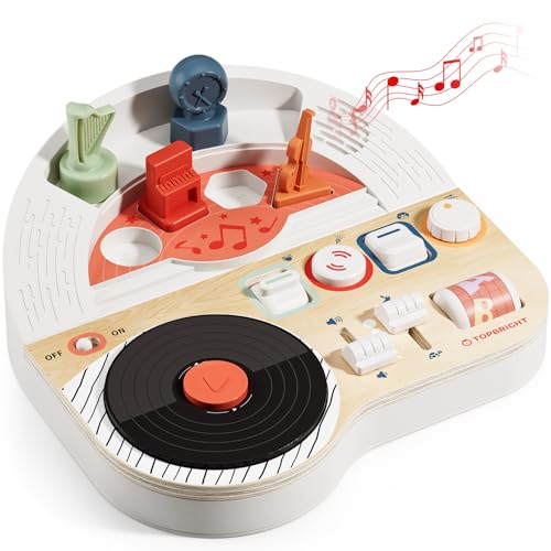 TOP BRIGHT DJ Music Busy Board - Wooden Toddler Toys for Boys and Girls，Montessori Sensory Toy with 14 Activities with Sound Blocks, Portable Travel Toy for 18M+