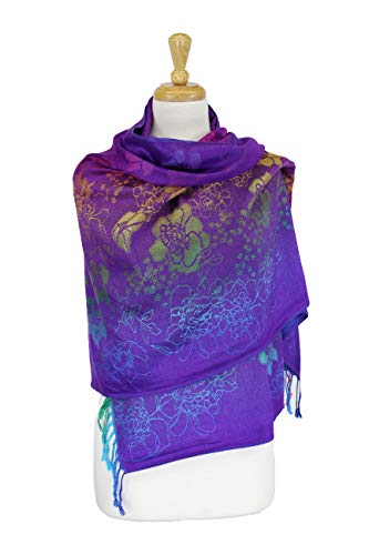 PASKMLNA Double Side Multi Colors Silky Tropical Colorful Exotic Pashmina Wrap Shawl Scarf Rave - color: 051-purple Multi Feathers