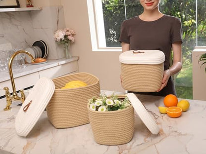 Set of 3 Stylish Rectangular Woven Baskets with Lids - Elegant Storage Solution for Home Decor and Organization, Beige/White Lid