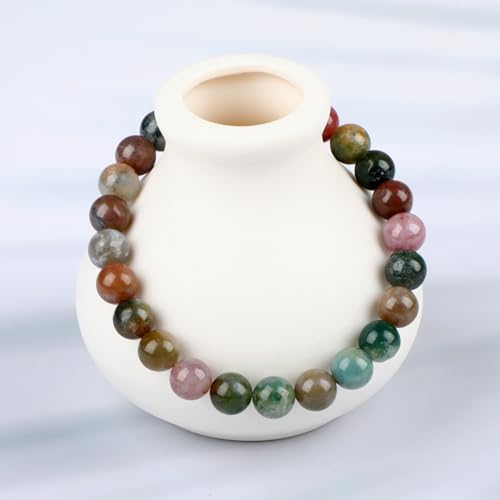 LPBeads Handmade Natural Gemstone Stretch Elastic Bracelet Healing Crystal Round Stone Beads Jewelry Gifts for Women Men - color: Indian Agate, size: 8mm