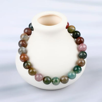 LPBeads Handmade Natural Gemstone Stretch Elastic Bracelet Healing Crystal Round Stone Beads Jewelry Gifts for Women Men - color: Indian Agate, size: 8mm