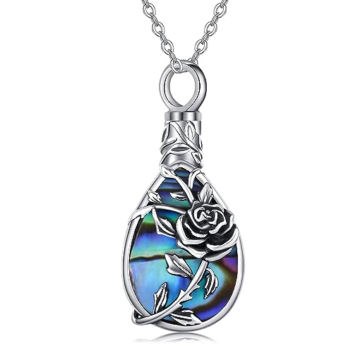 JUSTKIDSTOY Moonstone Urn Necklace for Ashes Sterling Silver Daisy/Rose/Tree Teardrop Pendant Necklace Cremation Jewelry Keepsake Memorial Gifts for Mother Grandma w/Funnel Filler - style: Rose(Abalone Shell)