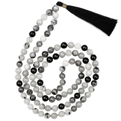 Amazing Gemstone Black Rutilated Quartz Mala Beads - 108 Prayer Beads for Meditation and Mindfulness Practice, Handcrafted Mala Beads with Gemstones for Spiritual Healing and Relaxation (Plain) - color: Black Rutilated Quartz, style: Plain