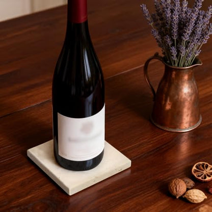 Natural Marble Coasters, Square Costers, Luxury Aesthetic Modern Decor for Coffee Table Bar Kitchen Home, Travertine Marble, Real Natural Semi Absorbent Stone Coasters