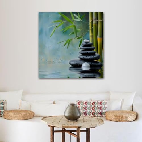 Framed Canvas Wall Art Zen Stones and Bamboo Oil Painting Artwork Picture Posters Wall Decor for Living Room Bedroom Bathroom Office Home Decoration 12x12 in