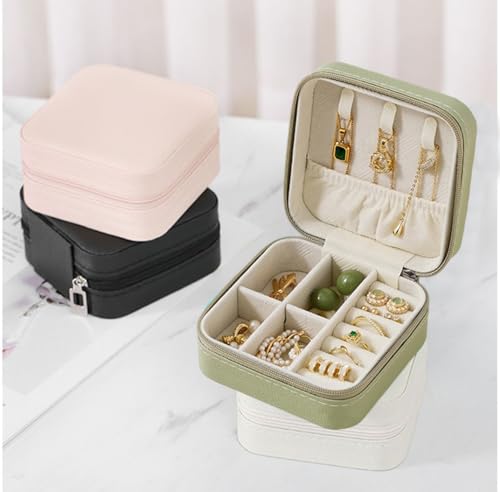 Mini Jewelry Travel Case, Small Portable Jewellery Storage, PU Leather Travel Jewelry Organizer Box, for Women, Girls, Wedding, Birthday, 3.74x3.74x1.92 In (White)