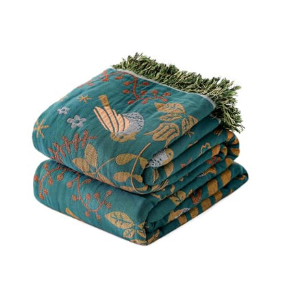 Throw Blanket for Couch Bed Cozy Cotton Blankets Twin,Soft Gauze Boho Throw Blanket Birds and Floral Doubel Side Embroidery,60"x80" Comfy Muslin Bed Blankets