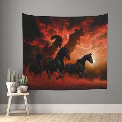 acvKGHW Black Horses Red Glowing Clouds Printed Indoor Decorative Wall Tapestry 60x51in - Soft Polyester Decorative Blanket for Home & Dorm Decor - color: Black Horses Red Glowing Clouds