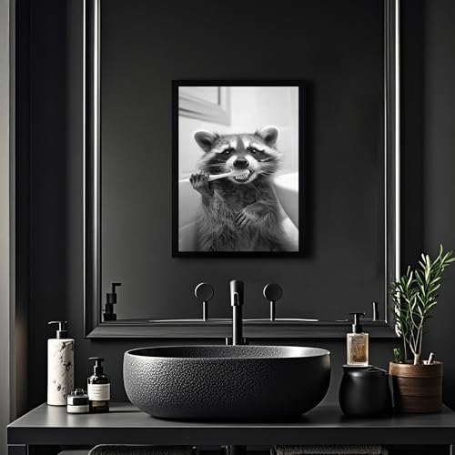 SYWENNOI Framed Black and White Bathroom Canvas Wall Art, Funny Raccoon Brushing Teeth Wall Decor, Farmhouse Humor Animal Art Prints for Restroom Decoration Ready to Hang 16x24 Inches