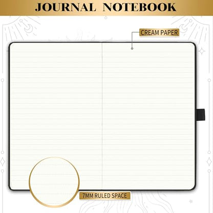 Artfan Ruled Notebook/Journal – Premium Thick Paper Classic Writing Notebook with Pocket + Page Dividers Gifts, Banded, Large, 128 Pages, Hard Cover, Lined (5.3" x 8.26") - Sun and Moon - color: BLACK16