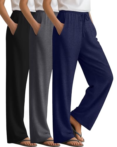 3 Pack Women's Lounge Pants Cozy Wide Leg Yoga Pants Casual Drawstring Loose Baggy Sweatpants with Pockets - color: Black, Dark Gray, Dark Blue, size: Large