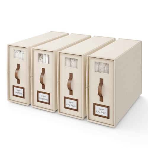 4 Pack Bed Sheets Organizers And Storage,Sheets Set Folder Keeper with Handle,Foldable Bedding Storage Box For Linen Closet,Duvet Cover(Cal King Size-5.2 Gal,Beige) - color: Beige, size: 4 Pack-Cal King Size-5.2 Gal