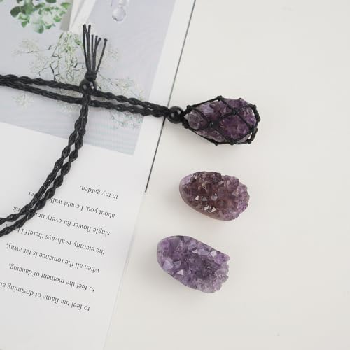 Natural unprocessed crystal raw stone hand woven rope adjustable necklace pendant for both men and women - color: Amethyst cluster