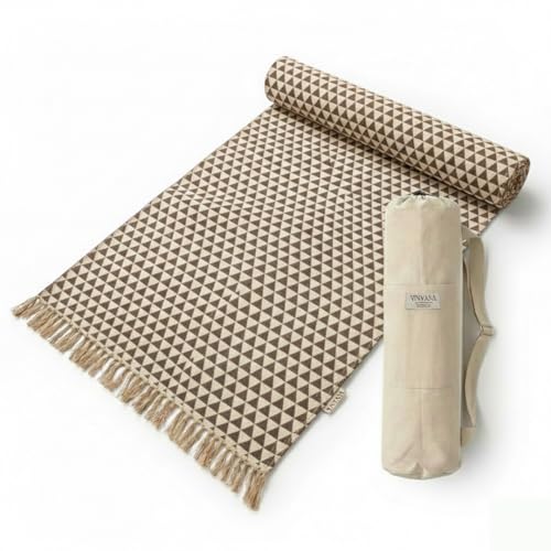 VINYASA Handwoven Cotton Yoga Rug Mat – Naturally Dyed | Absorbent, Washable Yoga Mat/Fitness Rug, Hatha, Pilates & Meditation - Non-Slip Grip | Extra Long & Wide | Trikon Series - color: Pomegranate