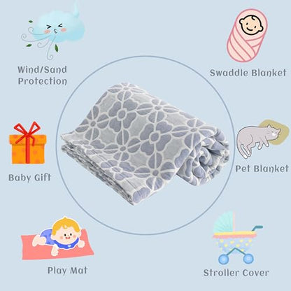NTBAY 3 Layer Oversized Muslin Cotton Toddler Blanket, 45x60 Inches Jacquard Reversible Nursery Bed Blanket, Super Soft and Thermal Crib Blanket for All Seasons, Baby Gift, 45"x60", Blue Clover - color: Blue Clover, size: 45x60 Inch (Pack of 1)