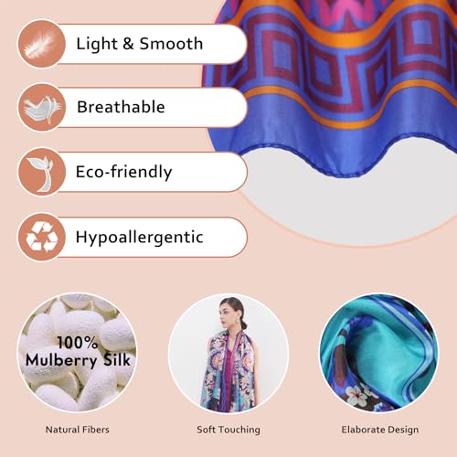 100% Mulberry Extra Large Silk Pashmina Scarf Shawls And Wraps For Women Evening Dress Summer Travel Floral Blanket - color: 67 Blue&purple