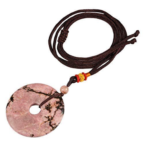 TUMBEELLUWA Healing Stone Pendant Crystal Necklace Chakra Quartz Cord Donut Shape Lucky Amulet Handmade Jewelry for Women Men - color: #7 Pink+Black