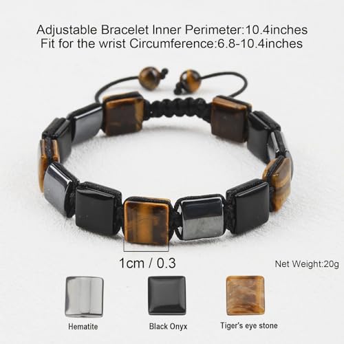 Square Natural Stone Unisex Adjustable Bracelet - Handmade with Natural Stons - Square Healing Crystal Bead Bracelet - color: Black&Tan