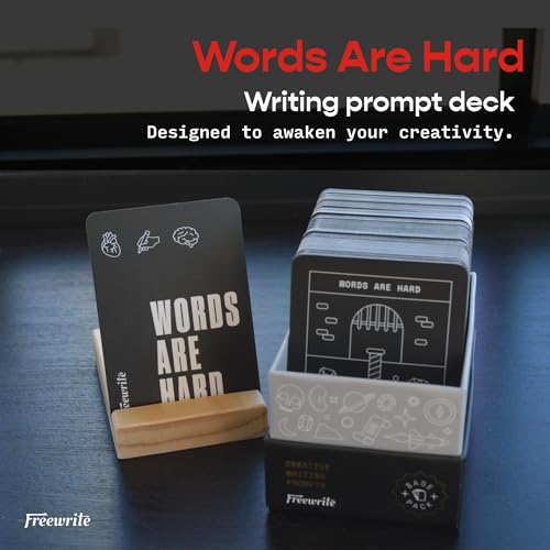 Freewrite Words are Hard Writing Prompt Deck | 150 Creative Writing Prompts for 8 Genres | Gifts for Writers with Inspiring Illustrations | Storytelling Cards with a Custom Wooden Stand