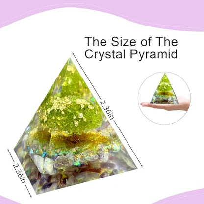 Tree of Life Orgone Pyramid,Natural Lilac Gravel&Peridot Orgonite Healing Crystals Pyramid,Crystal Stone Positive Reiki Energy Generator Collection Wealth Lucky Meditation Tool(6cm) - color: Green 1