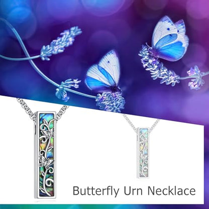 Cremation Urn Necklaces for Ashes Sterling Silver 3D Vertical Bar Memorial Pendant for Loved Ones Keepsake Cremation Jewelry Gifts for Women Men - style: Butterfly