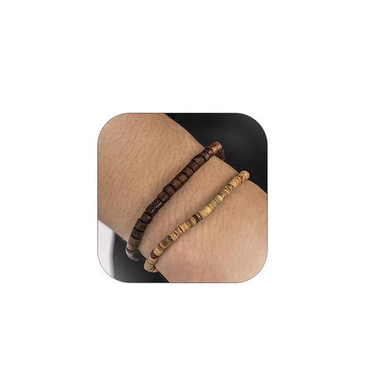 Puka Shell Bracelet for Men Wooden Bracelets Turquoise Stack Beaded Minimalist Trendy Jewelry for Friend Gift - style: 2pcs-Brown
