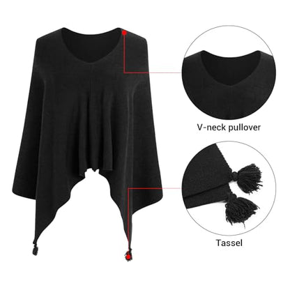 MissShorthair Knit Shawl Wraps for Women Boho Crochet Shawls Cape Open Front Cardigan - color: Black
